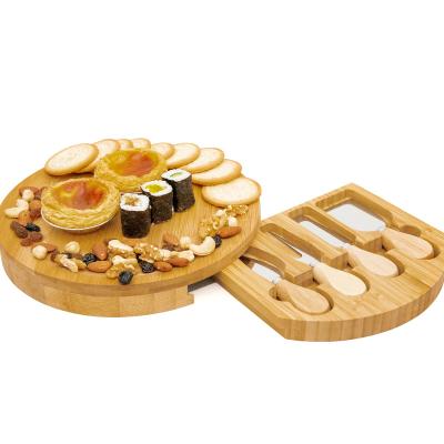 China Sustainable Round Bamboo Cheese Board and Knife Set, Charcuterie Rotating Wooden Platter Board for sale