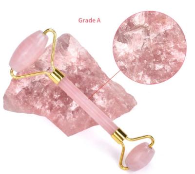 China Skin Tightening Hot Selling Natural Rose Quartz Jade Facial Massager Double Head Roller Set For Face for sale