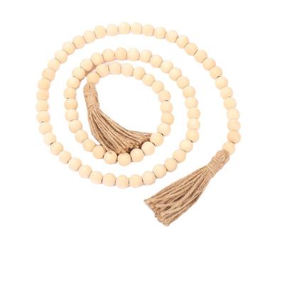 China Europe Natural Wooden Prayer Beads Bead Garland Farmhouse with Jute Tassels Rustic Country Wall Decor Decorations for sale