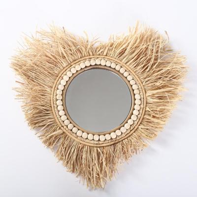 China 100% Customized Hot Selling Home Decorative Mirrors Handmade Raffia Mirror Heart Shape Wall Mirror for sale