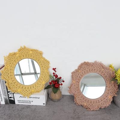 China Round Bohemian Hand & Woven Wall Hanging Mirror with Macrame Fringe Boho Chic Home Decor Antique Mirror for sale