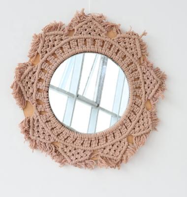 China Wall Hanging Bohemian Mirror with Macrame Fringe Hand Knitting Macrame Geometric Design Mirror for Home Decor for sale