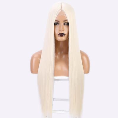 China Smooth Deeply 24 Inch Long White Synthetic Hair Lace Up Wigs Heat Resistant Fiber Silky Straight Wave Wigs For Women for sale