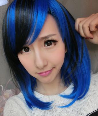 China Synthetic Sheer Pixie Cut Wigs With Oblique Lace Bob Wig Silky Straight Wave Cosplay Short Black Mixed Thick Soft Blue Bangs for sale