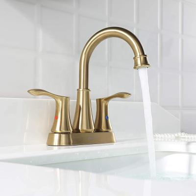 China Thermostatic Faucets Swivel Spout 2 Handle Bathroom Faucet Brushed Gold With Auto Drain And Supply Lines for sale