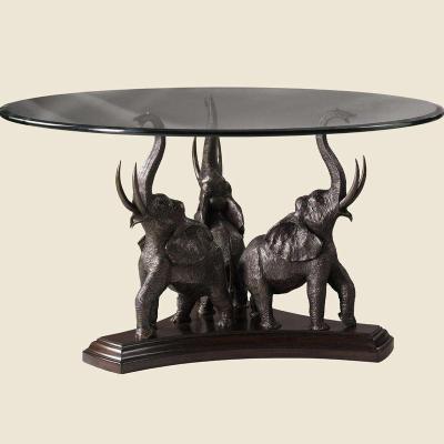 China Europe Glass Round Tea Table With Elephant Sculpture Metal Bronze Decor for sale