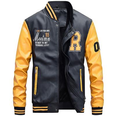 China Fashion Breathable Warm Winter Thick Fleece Mens Lined PU Baseball Leather Jacket for sale