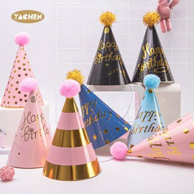 China YACHEN Beautiful YACHEN Happy Birthday Cake Cap Party Paper Hats Hot Sale Colorful Gold Colorful Stamp Crowns For Birthday Party Decoration for sale