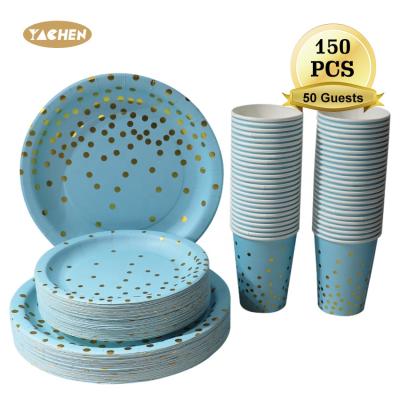 China Happy Birthday Dots Gold Stamp Dots YACHEN 150pcs Gold Stamp Dinnerware Sets Dinner Blue Dots Dishes For Wedding Party Gold Cups for sale