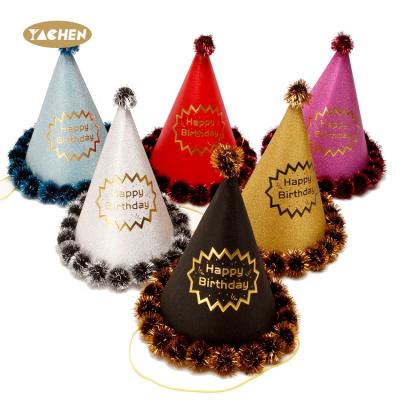 China Fashional Fashional YACHEN Happy Birthday Party Hats 16*24cm Mini Cone Birthday Headband Birthday Hat Pearl Ball Hat for sale