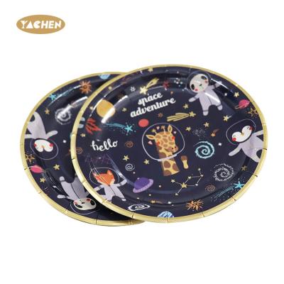 China 300GSM 7 Inch Space Printing Paper Disposable Dish 300GSM Blank White Card YACHEN For Party And Birthday Wholesale Eco-Friendly Biodegradable Dish for sale