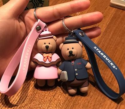 China Hot Sale 3d Brown Bear Doll Soft PVC Keychain Key Holder With Silicone Wristband, Big Production Stock, Best Couple Gift for sale