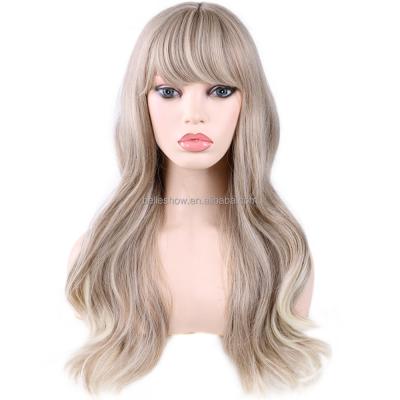 China Hot Selling Body Wave Brown Synthetic Wigs For Women Long Wavy Hair Color Wig With Neat Bangs Heat Resistant Fiber for sale