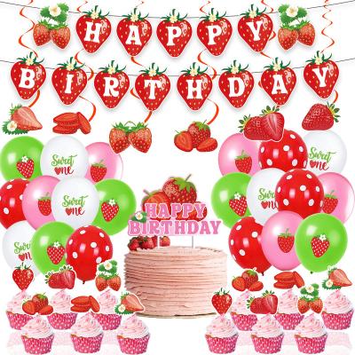 China Party Decoration Strawberry Birthday Banner Sweet One Latex Balloon Cake Toppers Set for Hawaiian Strawberry Fruit Theme Party Decoration for sale