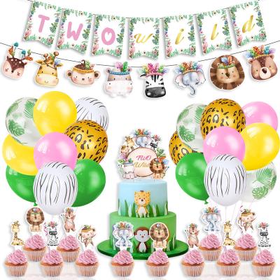 China Party Decoration Boho Two Wild Animal Print Latex Balloons Birthday Banner Cake Toppers Set For Floral Jungle Theme Birthday Party Supplies for sale