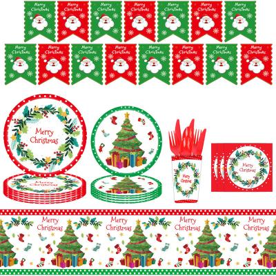 China Party Decoration Design New Christmas Theme Party Set Christmas Tissue Paper Deep Plate Banner Tablecloth Party Disposable Tableware Decoration for sale