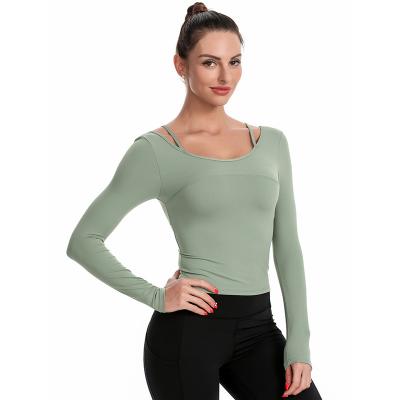 China Factory wholesale custom logo ladies gallus yoga tops crew neck breathable nude removeable cup feel long sleeve wicking tight fit tee for sale