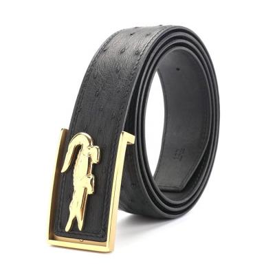 China Custom Ostrich Leather Belt Alloy Logo Buckle High Quality Brown And Black 100% Genuine Ostrich Leather Belt for sale