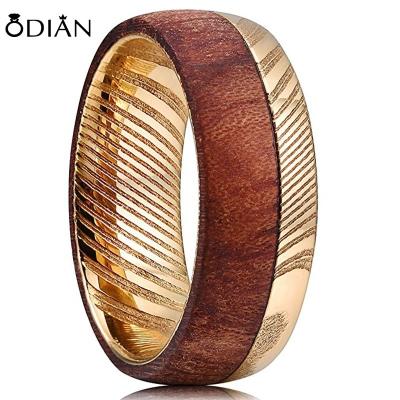 China CLASSIC Damascus Steel Rings 8mm For Camber Gold Center Mens Carbide Bubinga Wood Ring for sale