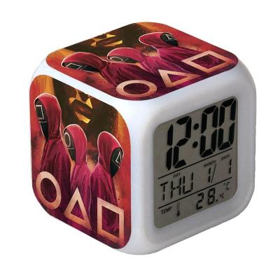 China Sleep Function Newest Arrival 7 Color Changing Table Clock Led Digital LCD Wake Up Light Squid Game Alarm Clock for sale