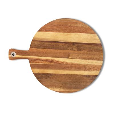 China Kitchen Viable Natural Color Acacia Hot Sale Round Cutting Board Chopper Pizza Wood Panel With Handle for sale