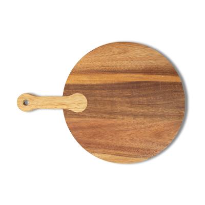 China Sustainable Customized Hot Factory Turned Shape Acacia Wood Cutting Cutting Pizza Serving Board With Handle for sale