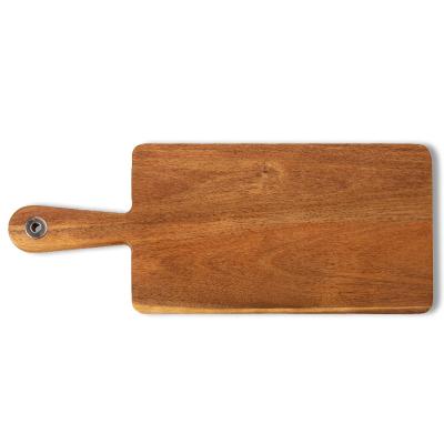 China Viable Natural Acacia Wooden Pizza Cutter Cheese Board Tray Handle For Kitchen Serving Use Steak Wood Tray With Metal Hole for sale