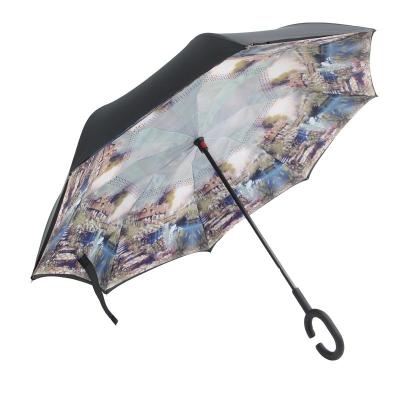 China High Quality Wholesale C Handle Car Hands Free Reverse Umbrella Advertising Sunny Custom Logo Double-Layer Reverse Umbrellas for sale