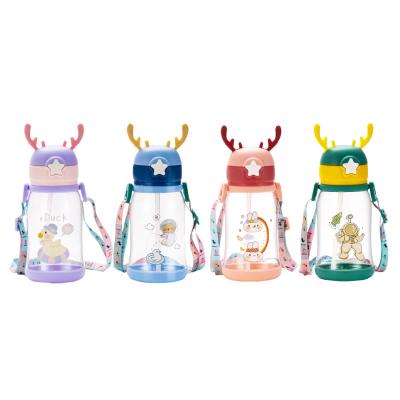 China Antler Sustainable Cute Outdoor Sports Strap Water Bottle Plastic Kids Straw Water Cup for sale