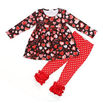 China 2022 New Valentine's Day Heart Shape Printing Casual Kids Wear Dot Ruffle Pants Girls' Clothing Sets Fashion Hot Sale Children Clothing for sale