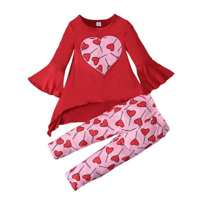 China 2022 New Valentine's Day Printing Casual Heart Shaped Children Wear Horn Long Sleeve Pink Cute Girls Clothing Sets Fashion Kids Clothing for sale