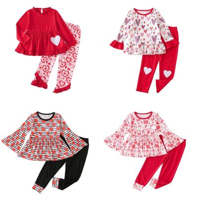 China 2022 New Valentine's Day Child Clothing Casual Heart Shaped Ruffle Print Kids Wear Red Horn Long Sleeve Pants Girls Dress Sets for sale