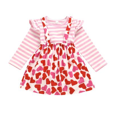 China 2022 New Casual Girls Dress Valentine's Day Stripe Sleeve Love Print Sling Upper Dress Girls Long Clothes Sets Cute Pink Kids Wear for sale