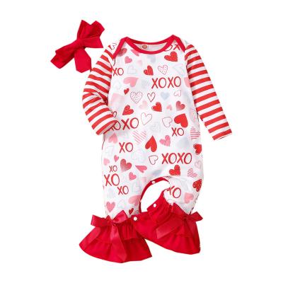 China 2022 New Valentine's Day Stripe Casual Long Sleeve Kids Wear One Piece Rompers Babies Love Cute Print Ruffle Girls Clothing for sale