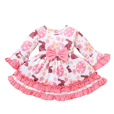 China 2022 New Washable Easter Kids Dress Pink Rabbit Easter Egg Print Baby Dresses Bow Cute Ruffle Kids Dress for sale