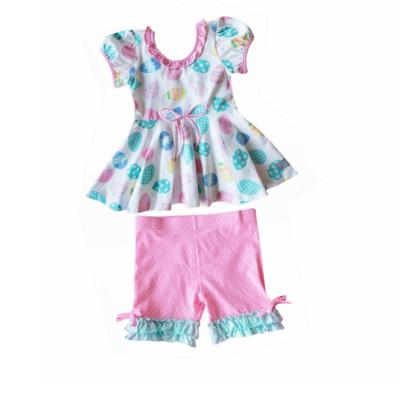 China Wholesale Customized 2022 New Child Easter Egg Print Ruffle Print Casual Cute Short Sleeve Pants Girls Top Pink Girls Clothing Sets Short Sleeve Wear for sale