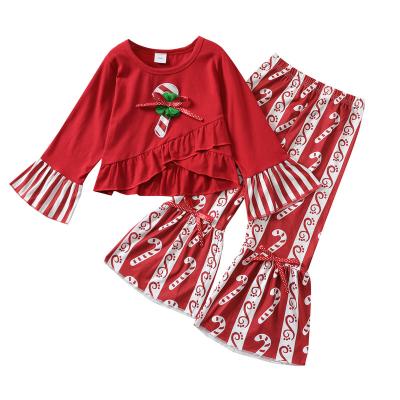 China Kids Casual Clothing Wholesale Long Sleeve Print Striped Kids Casual Wear Girls Flare Pants Christmas Two Piece Sets for sale