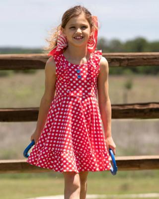 China Wholesale Washable Summer 4th of July Girls Dress Red Plaid Print Ruffle Neckline Kids Dress With Buttons for sale