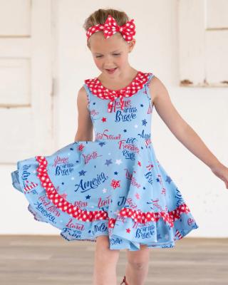 China 2022 Summer Washable 4th Of July Kids Dress Letters Print Checkout Ruffle Light Blue Red Girls Dress for sale