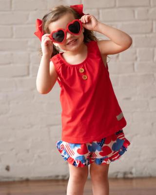 China New Toddler Girls Summer New Hearts Printing Ruffle Short Pants Girls Top Clothing Sets Breathable Cute Red Round Neck Sleeveless Dressing Up for sale