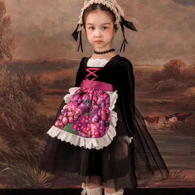 China Black Tulle Grape Print Pinafore Dress Girls Latest Design Retro Dry Cleaning Court Style Kids White Lace Dress for sale