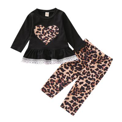 China Girls Casual Dress Sets Kids Long Sleeve Two-Piece Dress Pants Suit Children's Long Sleeve Leopard Print Lace Love Fashion Children's Casual Wear for sale