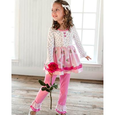 China Boutique Breathable Pink Lace Girls Dress Round Collar Long Sleeves Buttons Ruffle Twirl Dress Flower Pattern for sale