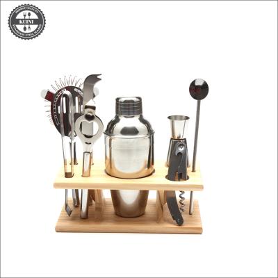 China Sustainable Cocktail Shaker Mixer Drink Martini Tools Stainless Bar Set With Wooden Stand for sale