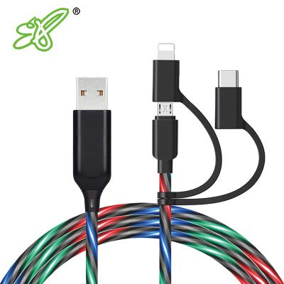 China RGB USB Data USB Cable LED Flow Charging Light Charger 3 in 1 Fast Light Up Charger Cable Compatible with Android for sale