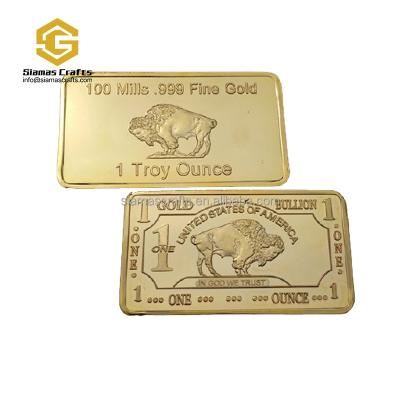 China World Hot Sale 24k Old Buffalo 1oz 100 Mills .999 Fine Gold Plated Bullion Bullion Bar for sale