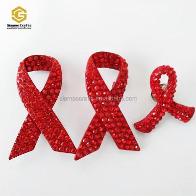 China Red Metal Ribbon Breast Cancer AIDS Day HIV Awareness Rhinestone Brooch Pin Lapel Pin Trendy For Women Men for sale