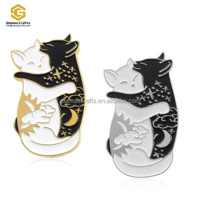 China Worldwide Cute Good Luck Couple Black White Hugging Cats Enamel Pin Lapel PIn for sale