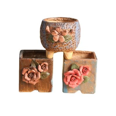 China Retro Flower Pot Modern Hand-kneaded Breathable Stone Flower Raw Pottery Ceramic Succulent Small Flower Pot for sale