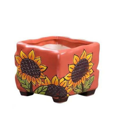 China Korean Hand Painted Succulent Pottery Square Vintage Style Flower Pot Color Sunflower Breathable Ceramic Desktop Planter for sale